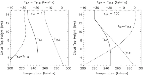 Figure 3.4: Nadir simulation of MODIS 11 µm IR window channel and 6.7 µm water vapour absorption bands for (a) optically thin and (b) optically thick clouds, illustrating their combined utility in the flagging of high-altitude, optically thick cloud struct