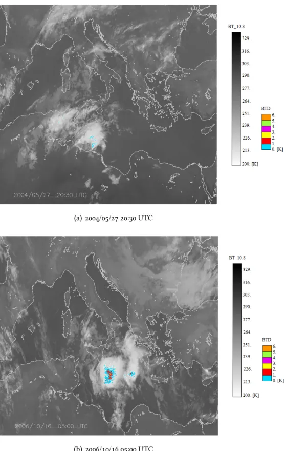 Figure 4.6: The same as in 4.1 but for the 2004/05/27 (a) and 2006/10/16 (b) events characterized by a TGF emission.