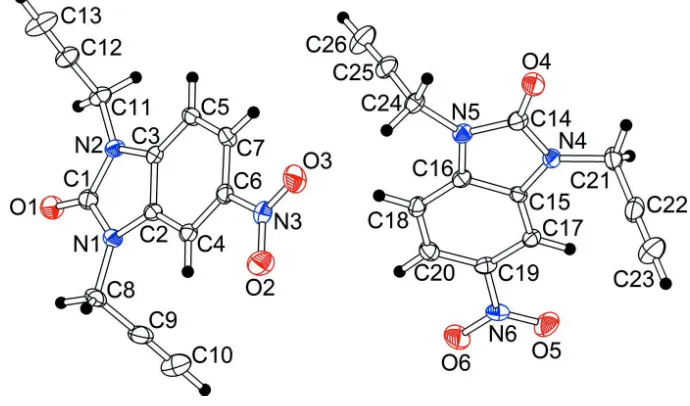 Figure 1The molecular structure of the title compound with 50% probability displacement ellipsoids (molecule I, left; molecule II, 