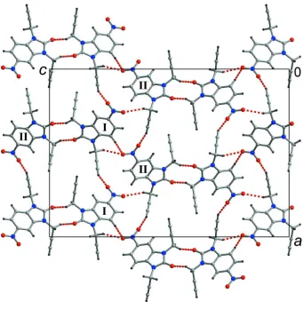 Figure 2Packing diagram of the title compound viewed along the b–axis, showing the linkage between the molecule I (C1 to C13) 