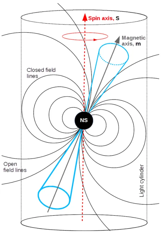 Figure 1.1: A simplified pulsar model. The NS, in the centre, is spinning about the spin axis S