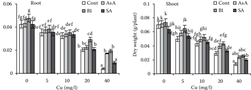 Figure 1. Effect of treatment with 100 ppm ascorbic acid (AsA), thiamine (B1) or sodium salicylate (SA) on the dry matter of roots and shoots of wheat plants treated with Cu for 3 days