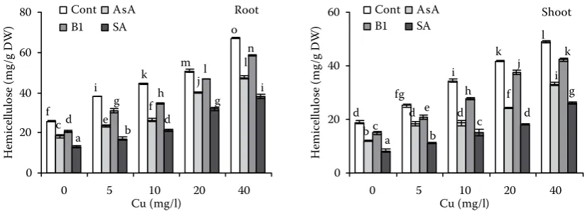 Figure 2. Effect of treatment with 100 ppm ascorbic acid (AsA), thiamine (B1) or sodium salicylate (SA) on the pectin of roots and shoots of wheat plants treated with Cu for 3 days