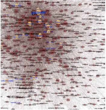 Fig. 16.9. Visualization of network of terms used in an online discussion forum. Nodes represent  noun phrases, edges their co-occurrence, and the thickness of an edge corresponds to the fraction  of times they have been used in the same sentence