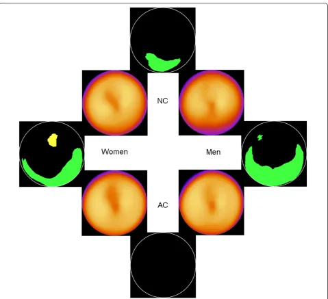 Figure 3 Obese patientsimages show areas with statistically significant differences. Green colour means significantly lower counts for men or for NC images, dependingon comparison, and yellow colour means significantly higher counts