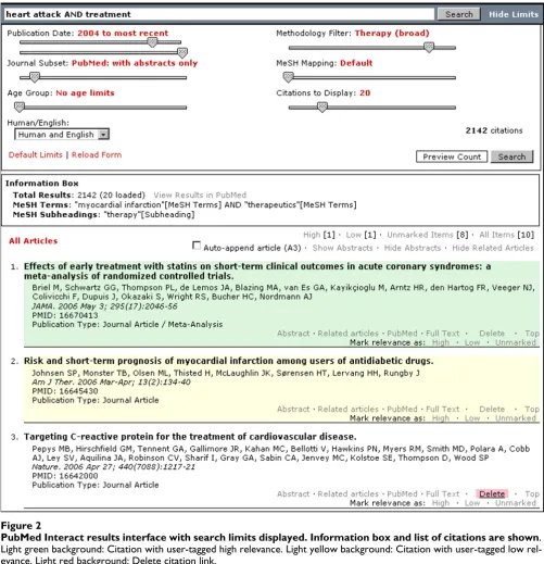 Figure 2PubMed Interact results interface with search limits displayed. Information box and list of citations are shownPubMed Interact results interface with search limits displayed