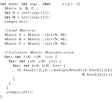Figure 2. Matrix Multiplication main code. N is the number blocks and M is the number of elements per block