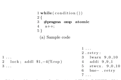 Figure 2.1: Different ISAs implement atomics differently. While the x86 ISA issues a global barrier, the POWER8 ISA (on the right) implements a conditional write.