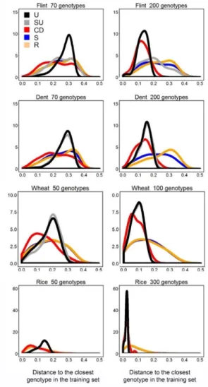 Figure 3.  Distribution of genetic distances (distance=1-IBS) between validation set genotypes and the closest  genotype in the training set (summed over 100 sampling events)