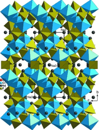 Figure 4Projection de la structure de Na7Cr4(P2O7)4PO4, selon a, montrant des fenêtres étroites en face desquelles sont placés les 