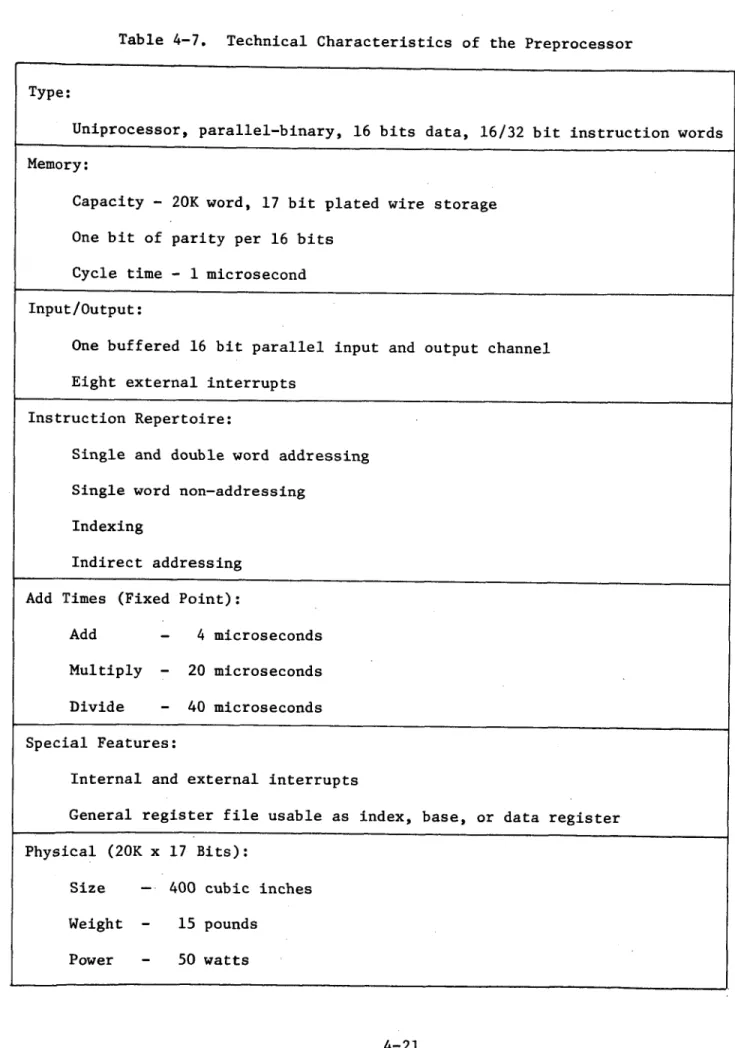 Table 4-7.  Technical Characteristics of the Preprocessor