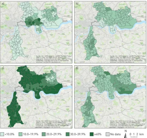 Figure 1 Ethnic density distributions (%) by Middle Super Output Area mapped across east London: (a) Bangladeshi, (b) Caribbean, (c) white and (d) African with south London comparator area