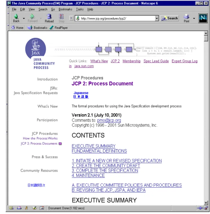 Figure 3. A screenshot of the Java Community Process definition, sponsored by SUN  Microsystems Inc