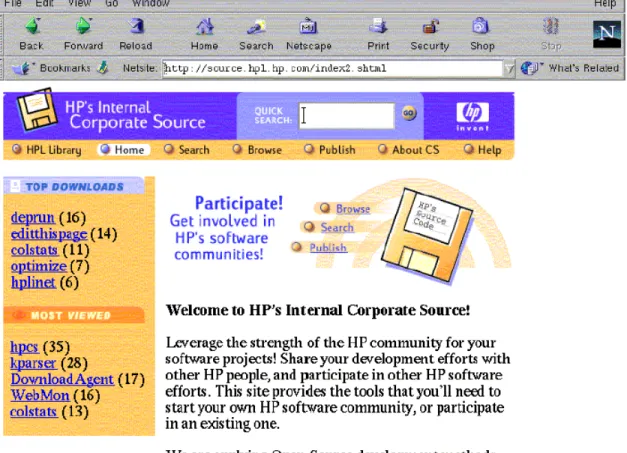 Figure 4. An internal corporate portal for open source software behind the firewall  (called "corporate source") at Hewlett-Packard (Source: Dinkelacker, Garg, et