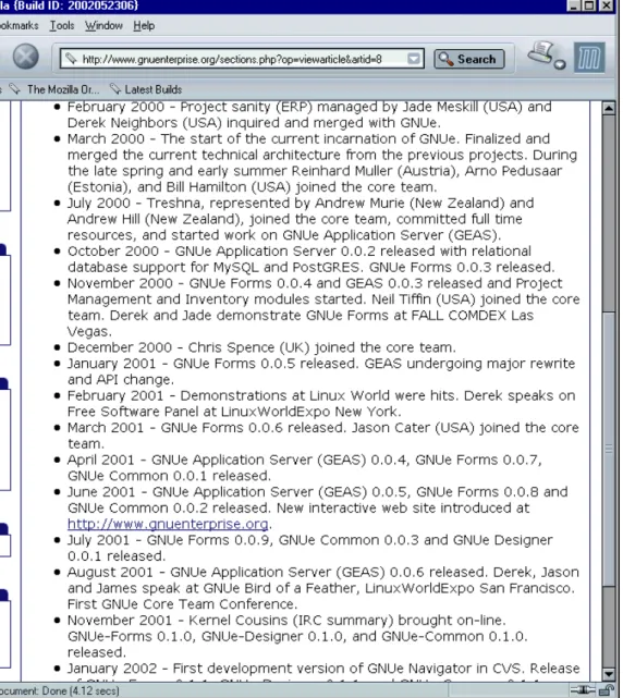 Figure 6. A view of the history of the development of GNUe software                   (Source:  http://www.gnuenterprise.org/sections.php?op=viewarticle&amp;artid=8 , June 2002) 