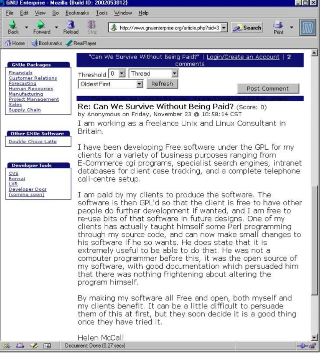 Figure 7. A public message from a GNUe project participant indicating her basis of  financial support as a professional consultant and developer of Free software