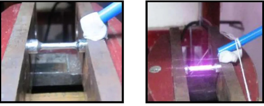 Fig: 64 Sample mounted on a customised jig      Fig: 65 Argon gas shielding during laser                                                                                                                                                       Treatment 
