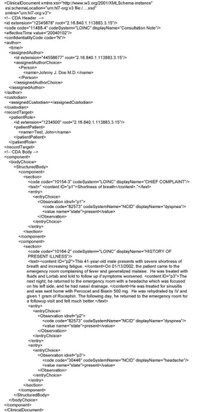 Figure 5Example CDA documentExample CDA document. XML Clinical Document Architecture version of the analyzed document.