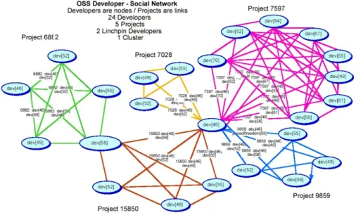 Fig. 4. A social network linking 24 FOSS developers in five projects through two