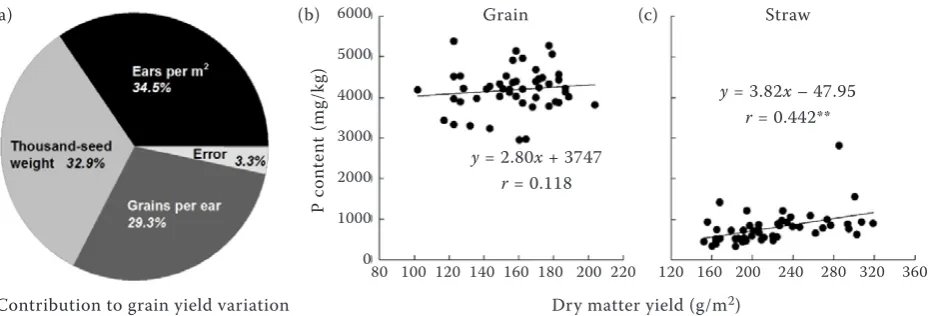 Figure 1. (a) The contribution of three harvest parameters to grain yield variation (multiple linear regression; n = 50; R2 = 0.967); (b, c) Correlation of grain and straw dry matter yields with their respective phosphorus (P) contents (n = 50; **P < 0.01)