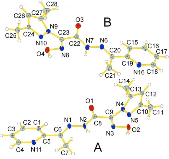 Figure 1Molecular structure of molecules A and B of the title compound, with displacement ellipsoids shown at the 50% 