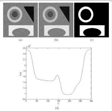 Figure 2 Segmentation results by Algorithm 2.1. (a) The noise image.low-pass ﬁlter with (b) The smooth image by Gaussian σ = 0.1