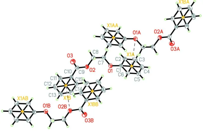 Figure 2The chain structure showing the ring centroid···O associations [for symmetry code (A): -x, -y + 1, -z]; (B): -x + 1, -y, -z]