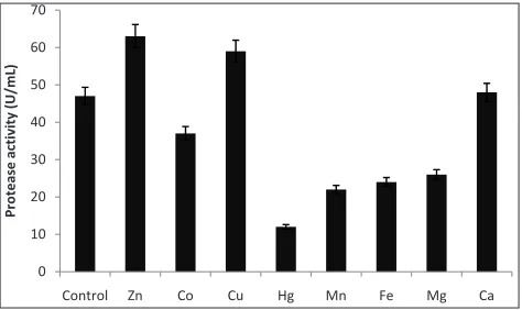 Fig. 11: Effect of NaCl concentration on the production of protease in A. variabilis. The bars indicate the standard deviation (± S.D) of three replicates (n = 3)