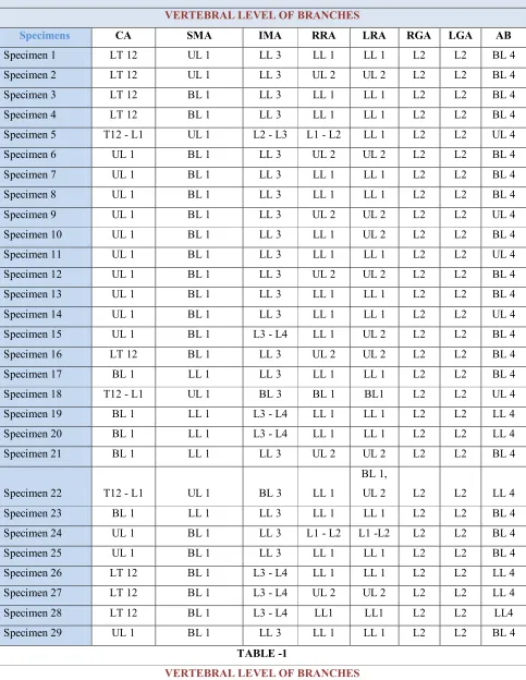TABLE -1  VERTEBRAL LEVEL OF BRANCHES 
