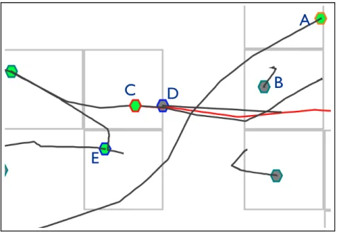 Figure 5.2: A visual representation of GPS traces. Taxi A is loaded with passengers, and is highlighted with an orange stroke color to signal a