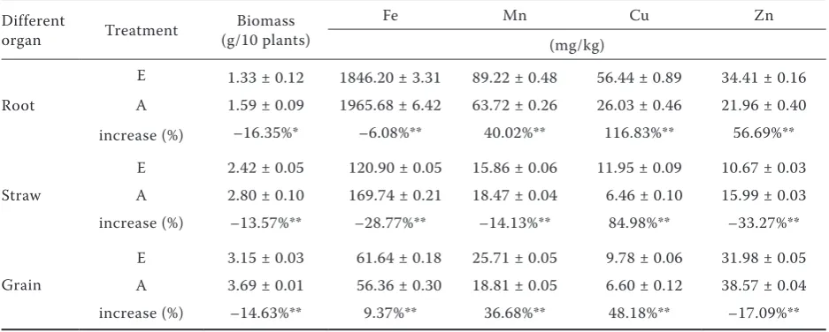 Table 2. The influence of elevated atmospheric ozone on the biomass of different organs and micronutrients concentrations at the ripening period of wheat