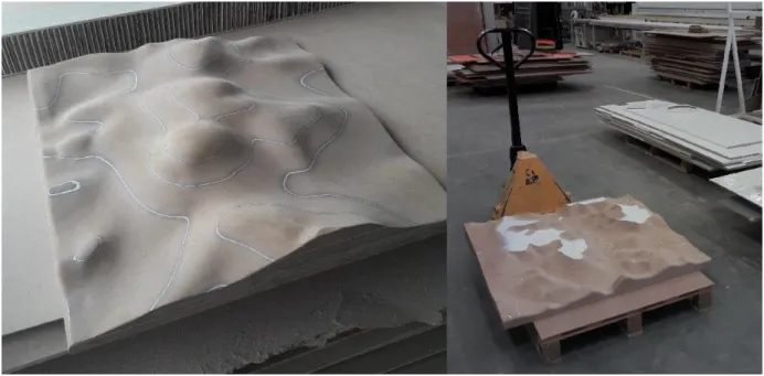 Figure 11. Prototype 1x1 meter tiles milled into hardboard  Technologies used: 