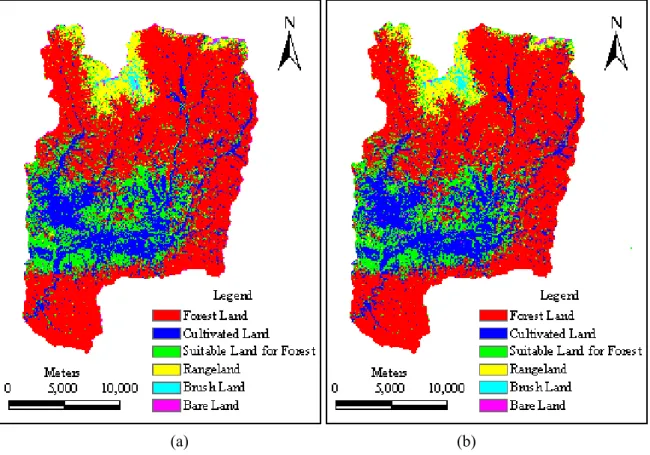 Figure 5. Image map of LULC Classification after topographic correction for the  Yangjiahe river watershed: (a) and (b) illustrates the classification result after SCS  correction based on SRTM DEM and the DEM constructed from 1:50,000 scale  topographic m