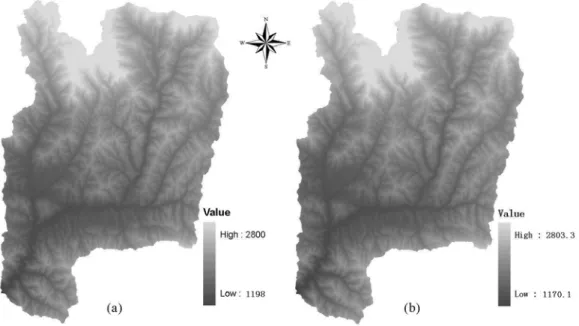 Figure 1. Different spatial resolution DEMs of the Yangjiahe river watershed, (a)  represents the 30m DEM constructed with 1:50,000 topographic map; (b) represents the  30m DEM re-sampled with 90 m SRTM DEM