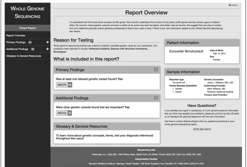 Fig. 3 The published patient report. Overview. Shows the report overview which includes demographic information, a description of the reasonfor testing, primary and additional findings, and contact information