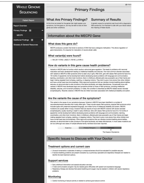 Fig. 4 The published patient report: Primary finding detail. Shows the first portion of the report on the primary finding, in this case a pathogenicvariant in the MECP2 gene