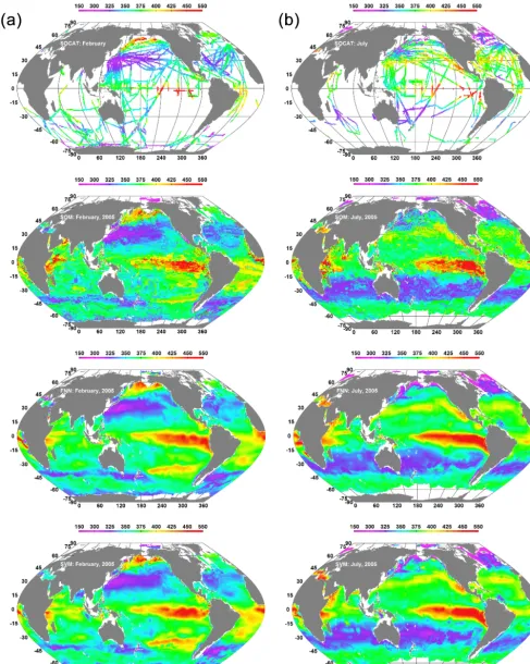 Figure 3. Distributions of modeled and observed f CO2. The composite map for observations includes f CO2 in 1990–2014