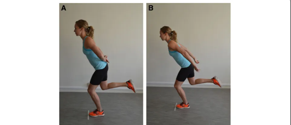 Fig. 1 Single-leg hop for distance performed with hands behind back (a) and with arms free (b).