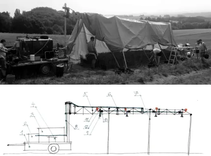 Figure 2. The rainfall simulator installed in the field (top) and its scheme (bottom)
