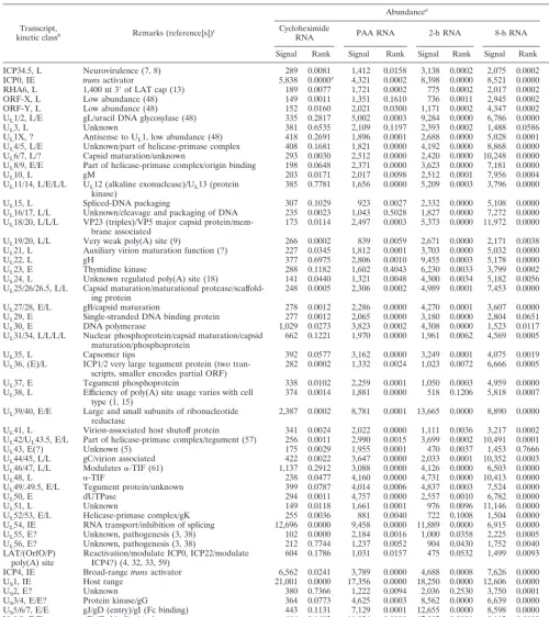 TABLE 2. Transcript abundance in HeLa cells infected with HSV-1 under various conditions