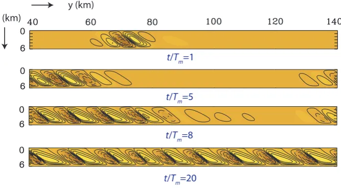 Fig. 7. Bottom pattern (light: crests, dark: troughs) atslopeof the domain is t/Tm∼8 for N=8 (top), N=10 (middle) and N=16 (bottom)