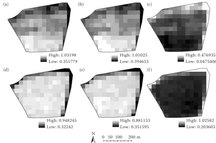 Figure 2. Maps of calculated indices – Landsat 5 TM from the dates 4. 6. 2011 for winter wheat – normalised difference vegetation index (NDVI) (a); green NDVI (GNDVI) (b); moisture stress index (MSI) (c) and 17