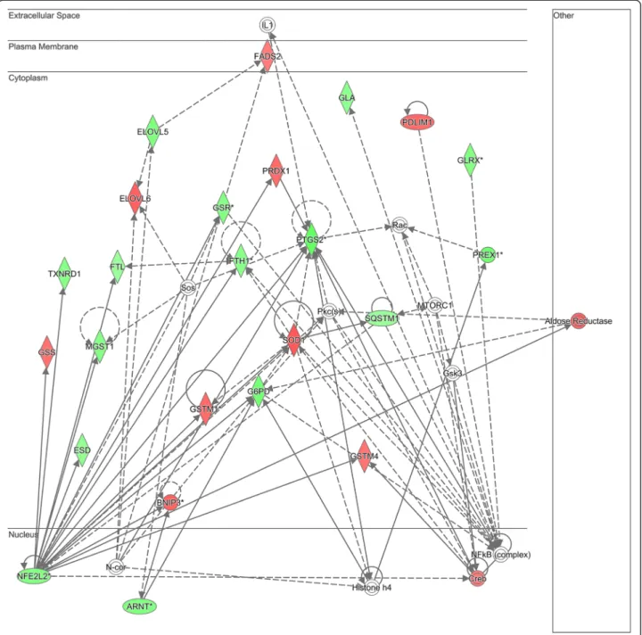 Fig. 3 Differentially regulated genes corresponding to a gene network using glutathione to respond to oxidative stress as highly connected nodes