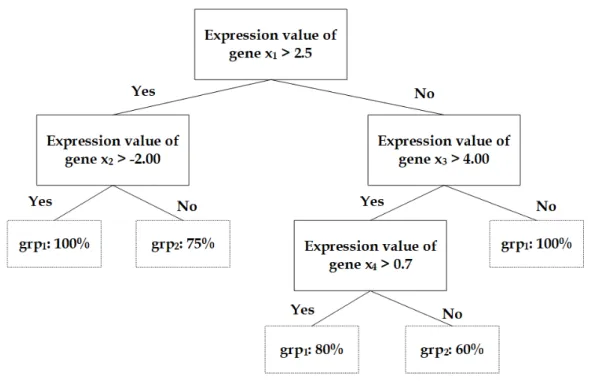 Figure 2.4: An illustration of a decision tree constructed using a gene expression dataset of four genes.
