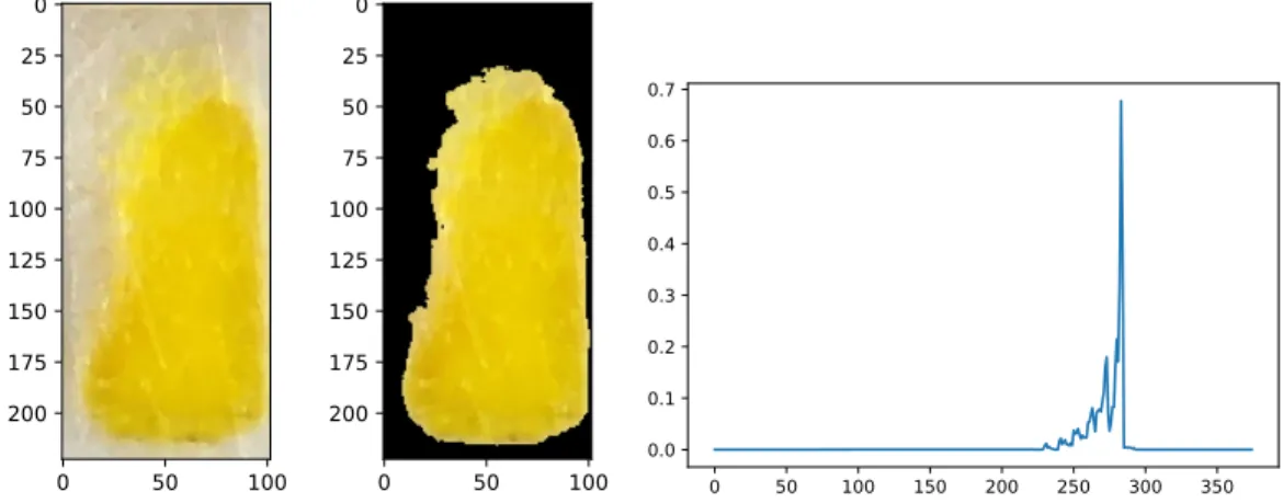 Fig. 10. Cropped detection zone (left), image after masking pixels (center), and the histogram of colors (right) of teststrip before application of creatinine solution.
