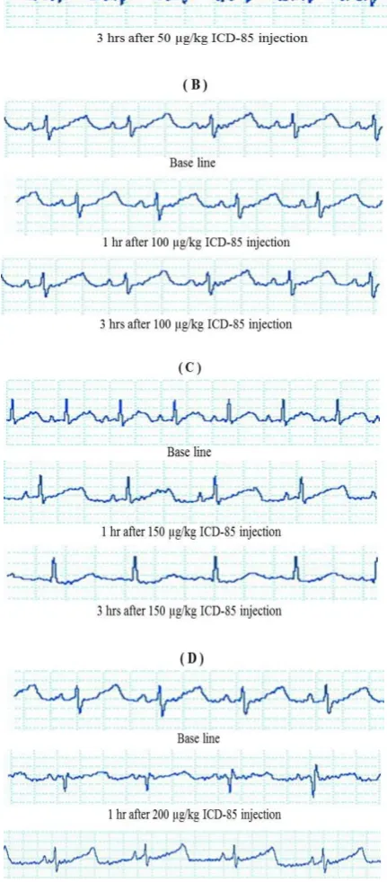 Fig. 1. ECG recordings of rabbits after injection of various doses of ICD-85 at different times