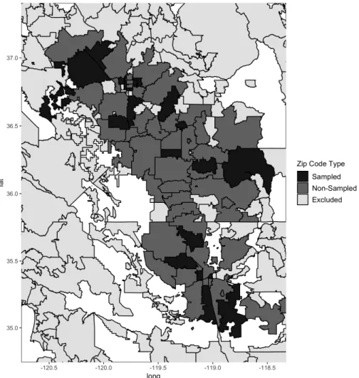 Figure 5 presents the 2010 zip code tabulation areas in the California Central Valley obtained from the tigris R package (Walker, 2018)