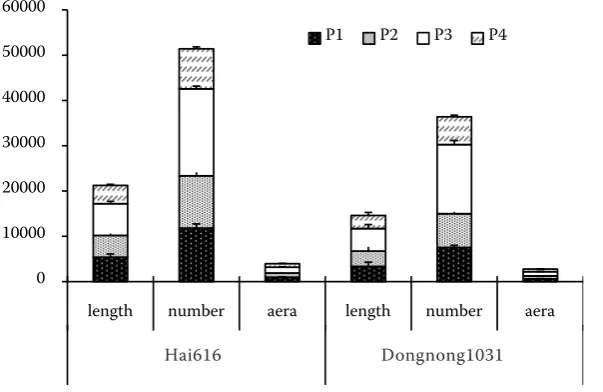 Table 1. Influence of genotype and phosphorus (P) levels on dry biomass, root length, root surface area, root number, pH and H+ release, relative phosphorus absorption efficiency (RPAE) and phosphorus use effi-ciency (PUE)
