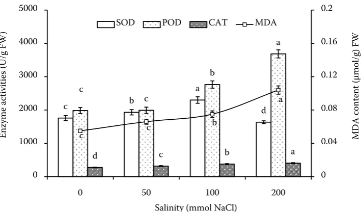 Figure 3. Response of systems of anti-oxidation of Periploca sepium Bunge seedlings to salt stress