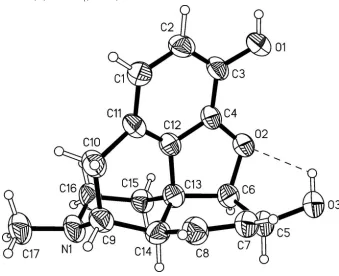 Figure 1Molcular structure of morphine with displacement ellipsoids are drawn at the 50% probability level and hydrogen atoms 
